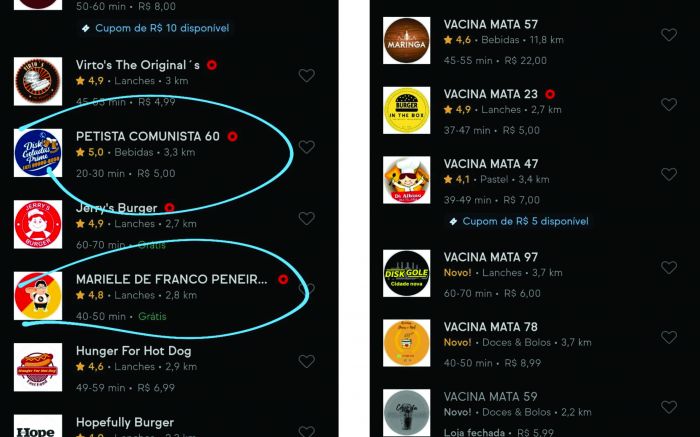 Vários restaurantes tiveram os nomes zoados 
 Foto Reprodução.