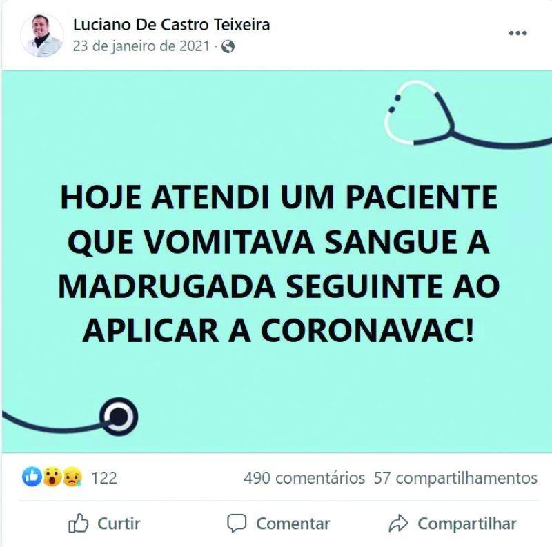 Publicação de Luciano Teixeira sobre suposto efeito colateral da vacina Coronavac