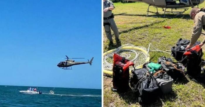 Mochilas com drogas boiavam perto da Ilha Feia
Foto: Divulgação PM