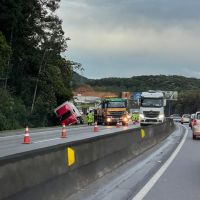 Caminhão com carga viva de cavalos tomba na BR 101 