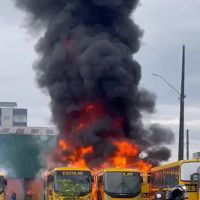 Cinco ônibus escolares da prefeitura são destruídos em incêndio suspeito 