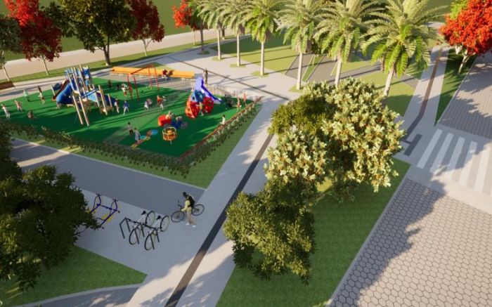 Campo de futebol de areia, parque infantil, quadra poliesportiva, pista de skate e bicicletários fazem parte da praça (Foto: Reprodução)