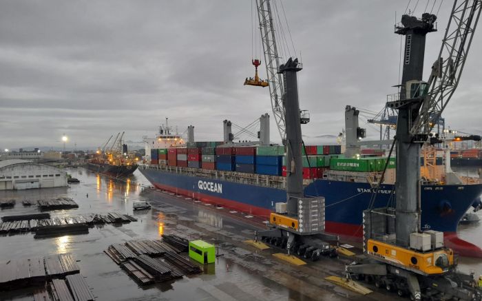 Esse é o primeiro navio com contêineres a atracar em Itajaí após 19 meses de paralisação (Foto: Gerson Alves da Silva Junior)