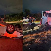 Carreta invade pista em acidente com carro na BR 101