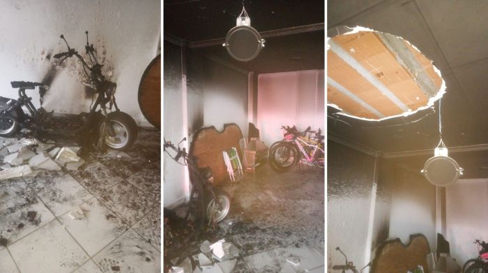 Moto ficou destruída e o teto da garagem desabou com o calor das chamas