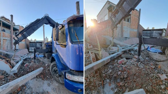 Estrutura de concreto caiu durante serviço de desmontagem no bairro Morretes (Foto: CBMSC/Divulgação)