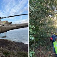 Senhora é resgatada de helicóptero após cair em trilha da praia de São Miguel
