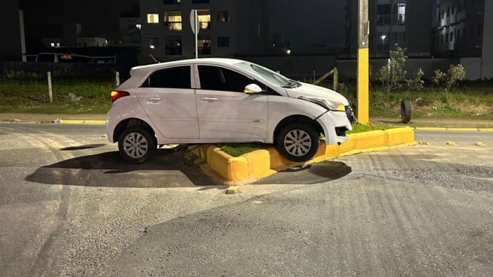 Veículo subiu no canteiro e acertou o trevo de sinalização na rua São Paulo (Foto: PMSC/Divulgação)