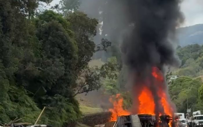 Caminhão pegou fogo após tombar na pista (Foto: Reprodução)