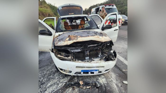 Caminhão betoneira conteve fogo antes da chegada dos bombeiros (Foto: CBMSC/Divulgação)