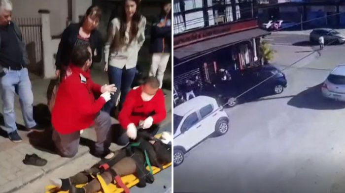 Carro preto desvia de outro veículo e para não bater de frente, atinge o grupo que estava na calçada de uma confeitaria (Imagens: REDES SOCIAIS / DIVULGAÇÃO)