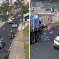 Moradora questiona segurança da avenida Gaivotas após caminhão travar e perder carga de água