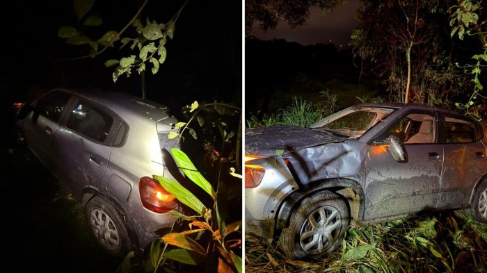 Veículo parou no matagal após bater na estrada do Rio do Meio (Foto: Divulgação/CBMSC)