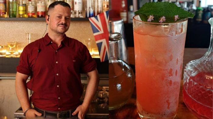 Rafael Firmino e o cocktail “Açores”, inspirado na história e na força dos pescadores itajaienses (Foto: Divulgação)