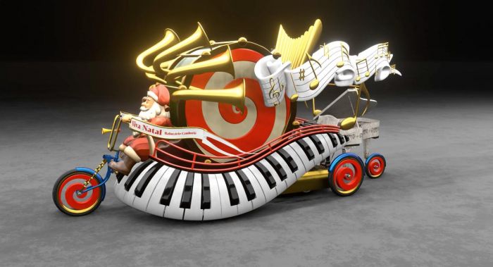 Carro alegórico musical traz Papai Noel pilotando triciclo com teclado gigante, cornetas douradas e notas musicais flutuantes (Foto: Divulgação)