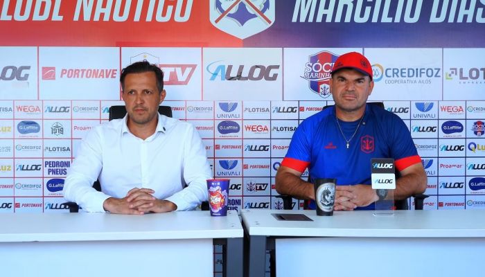 Presidente Tarcísio Guedim e técnico Emerson Cris concederam coletiva nesta semana (Foto: Marcílio TV)