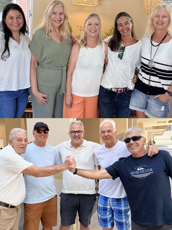 Com as cunhadas Sônia, Elizabeth, Maria, a aniversariante, Nani e Betina. Lá embaixo, o marido Geraldo Cavichiolo e seus irmãos, Marcelo, Carlos, Eduardo e Paulinho.